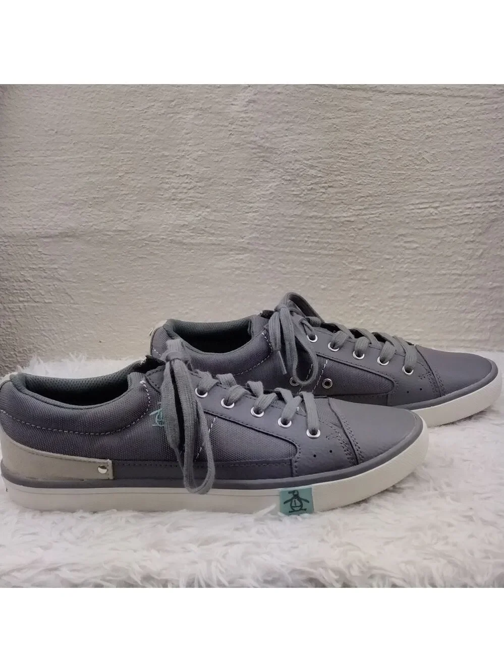 Original Penguin Mission Gray Fabric Leather Round Toe Lace Up Low Top Sneaker